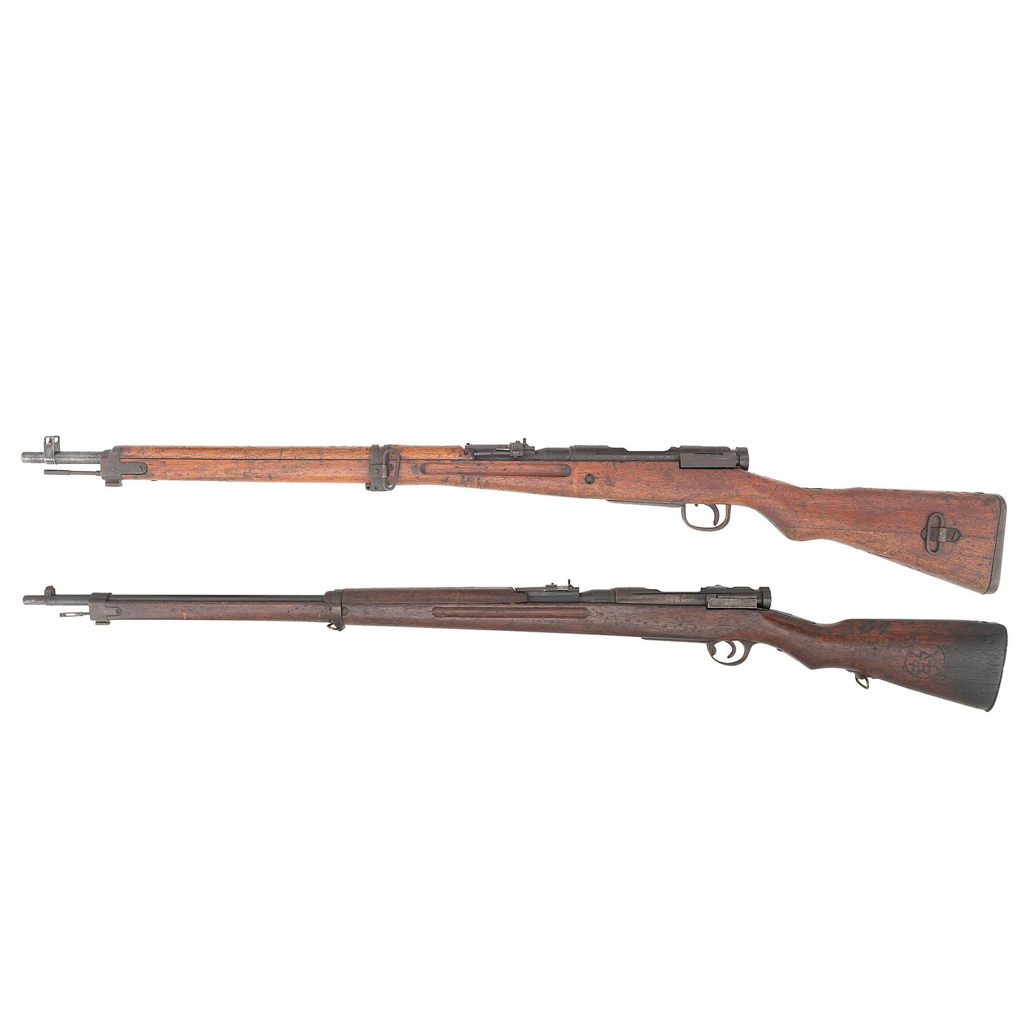 **2 Japanese Rifles: A Type 99 Arisaka Rifle with Ground Mum, Anti-Aircraft Sights and A Navy Marked Type 38 School Gun