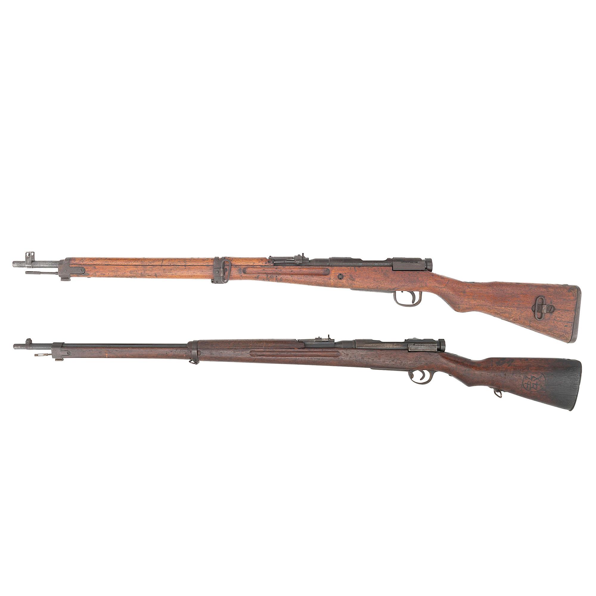 **2 Japanese Rifles: A Type 99 Arisaka Rifle with Ground Mum, Anti-Aircraft Sights and A Navy Marked Type 38 School Gun