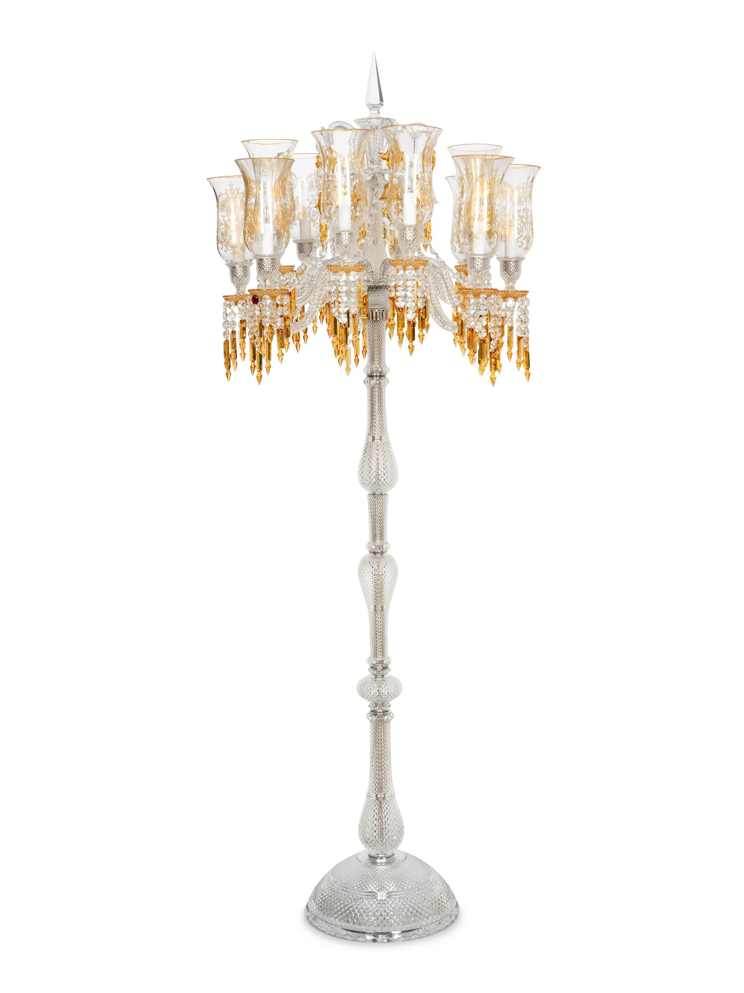 A Pair of Baccarat Zénith Clear and Amber Cut Glass Twelve-Light Torchères