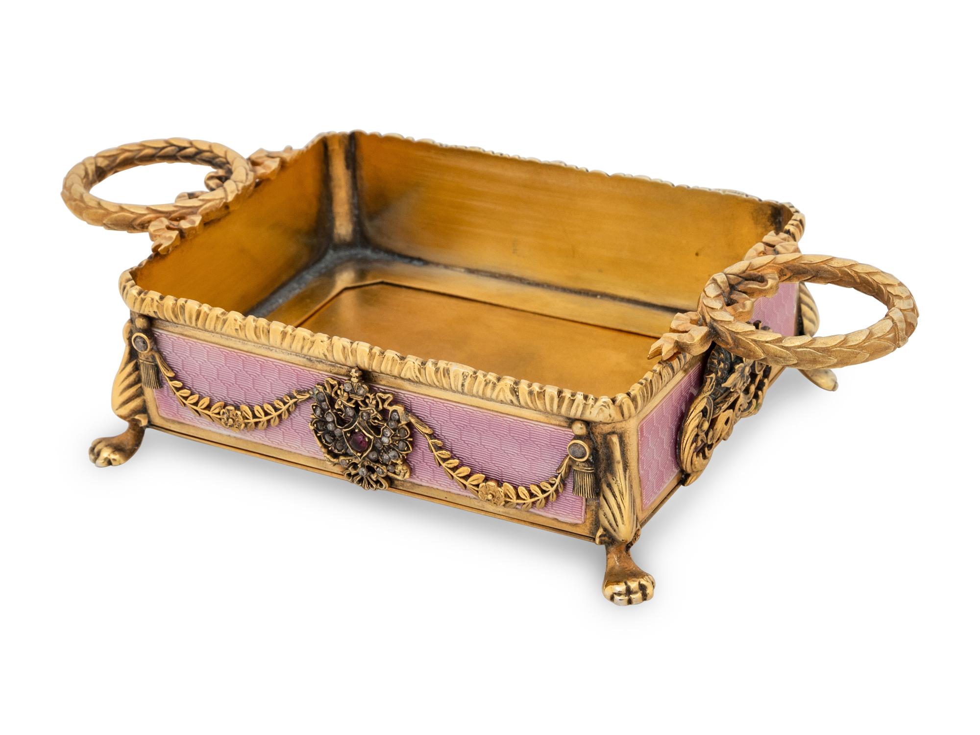 A Russian Jewel Mounted, Silver-Gilt and Guilloché Enamel Decorated Candy Dish