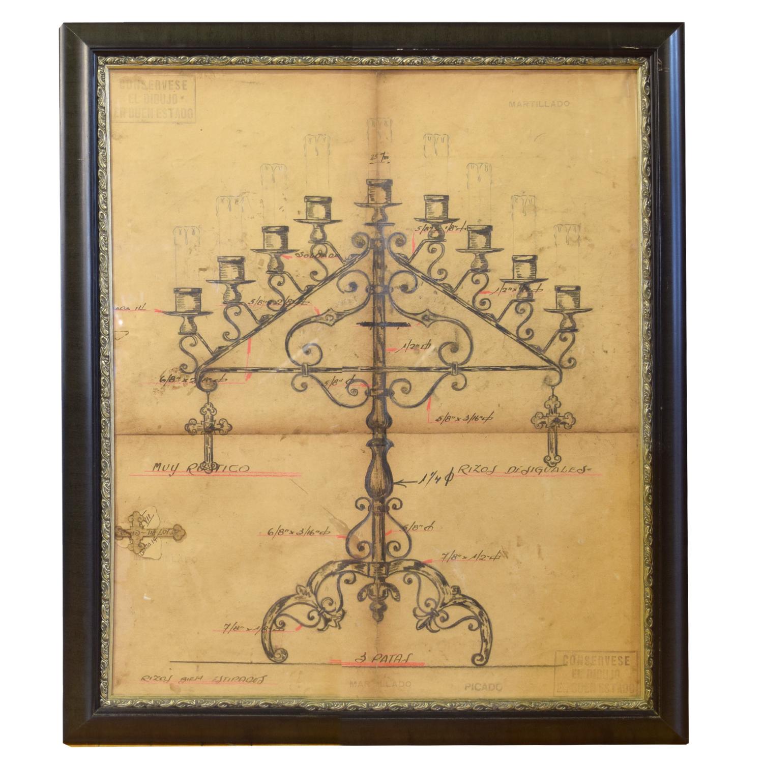 A Framed Original Working Drawing from the Estate of Jose Thenee 27.75" W x 1" D x 33" H — Argentina, Circa 1930