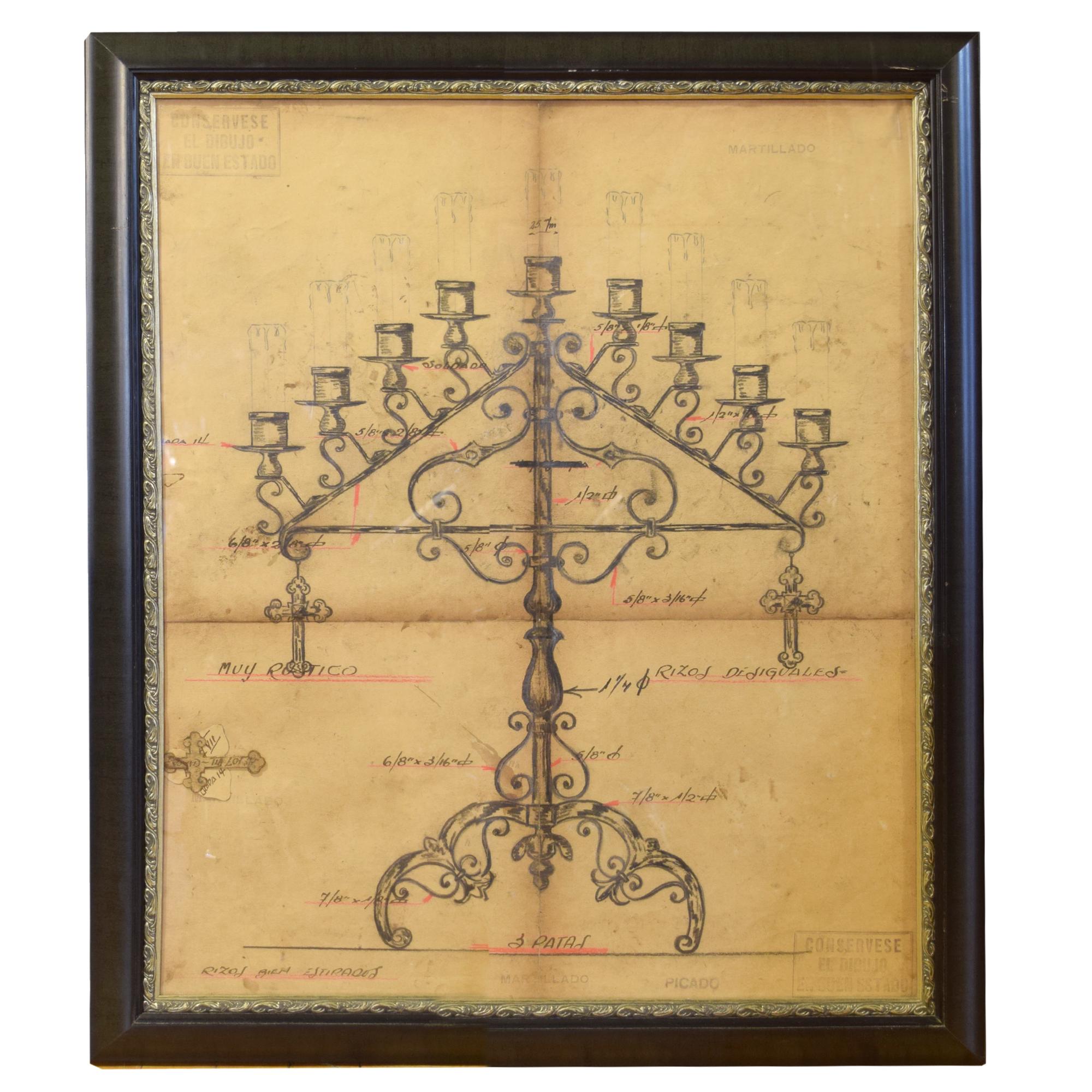 A Framed Original Working Drawing from the Estate of Jose Thenee 27.75" W x 1" D x 33" H — Argentina, Circa 1930