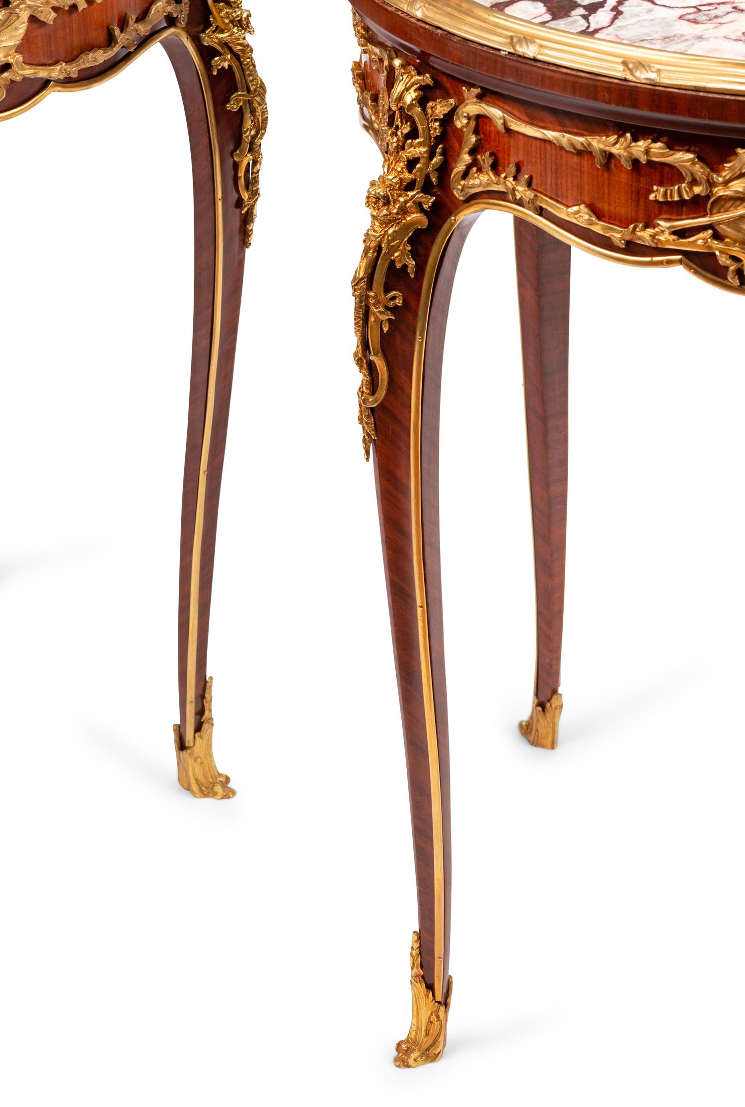 A Pair of Louis XV Style Gilt Bronze Mounted Marble-Top Tables