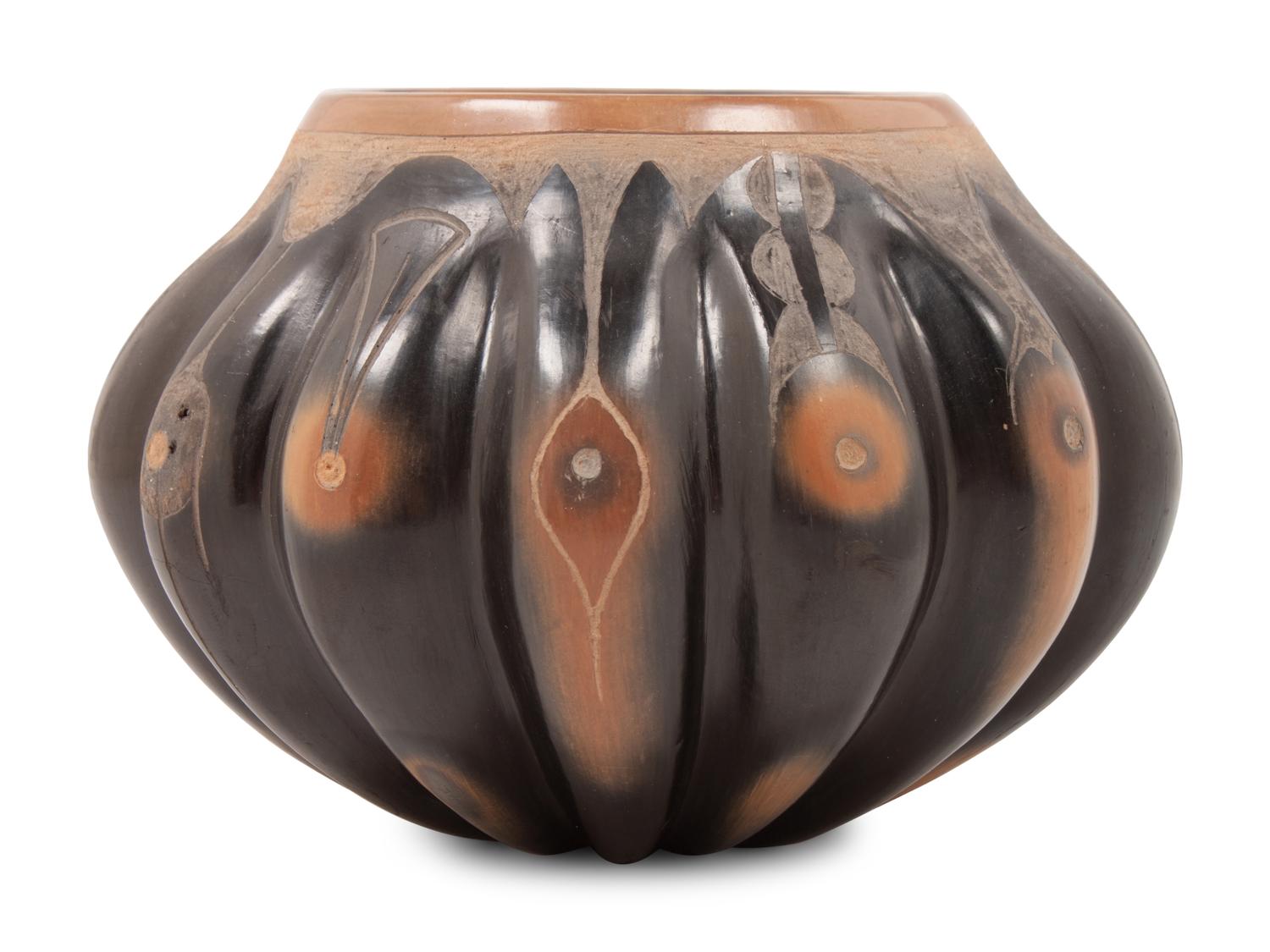 Two-toned Melon Pottery Jar, with Etched Decoration
