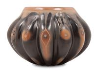 Two-toned Melon Pottery Jar, with Etched Decoration