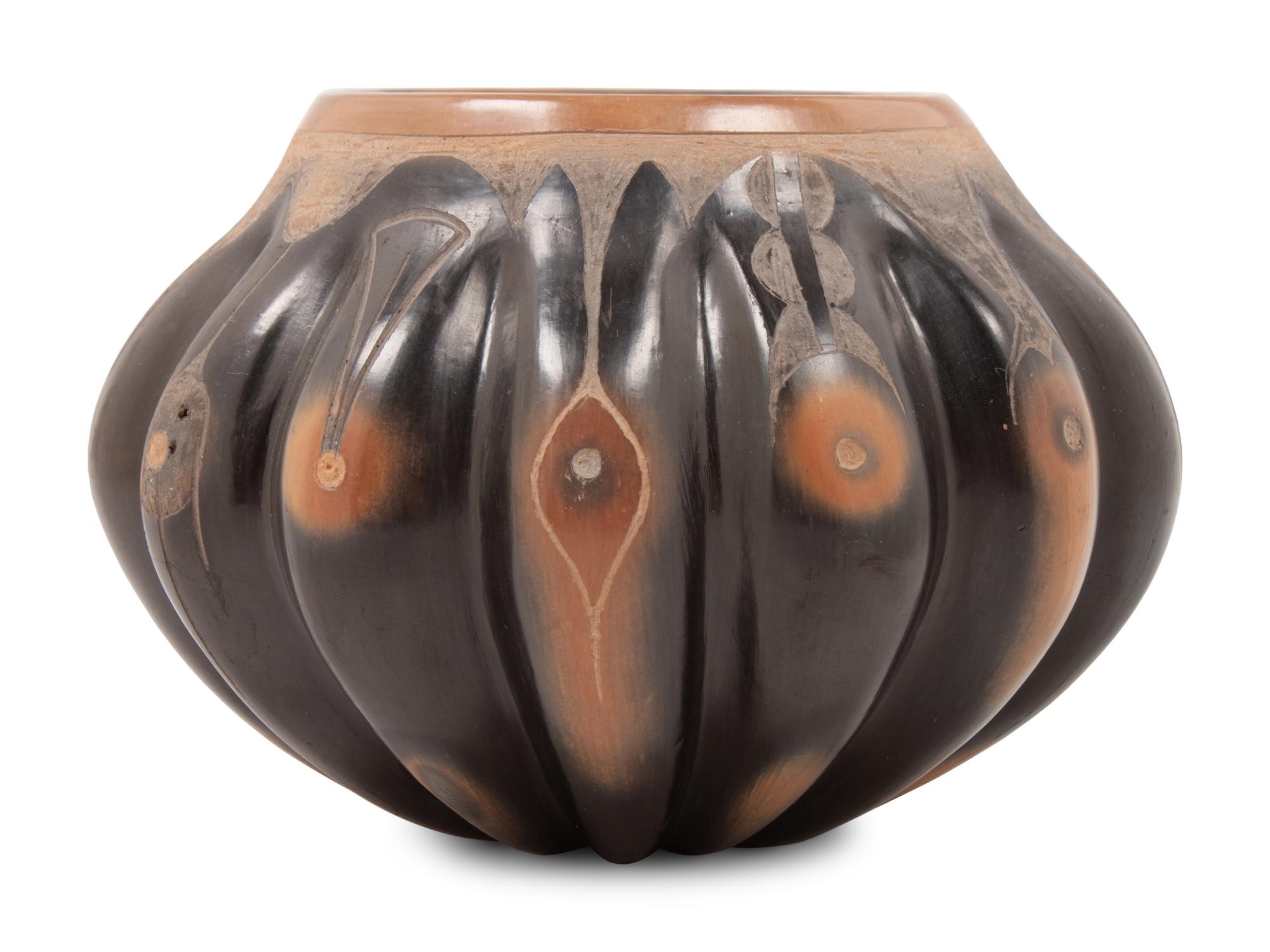 Two-toned Melon Pottery Jar, with Etched Decoration