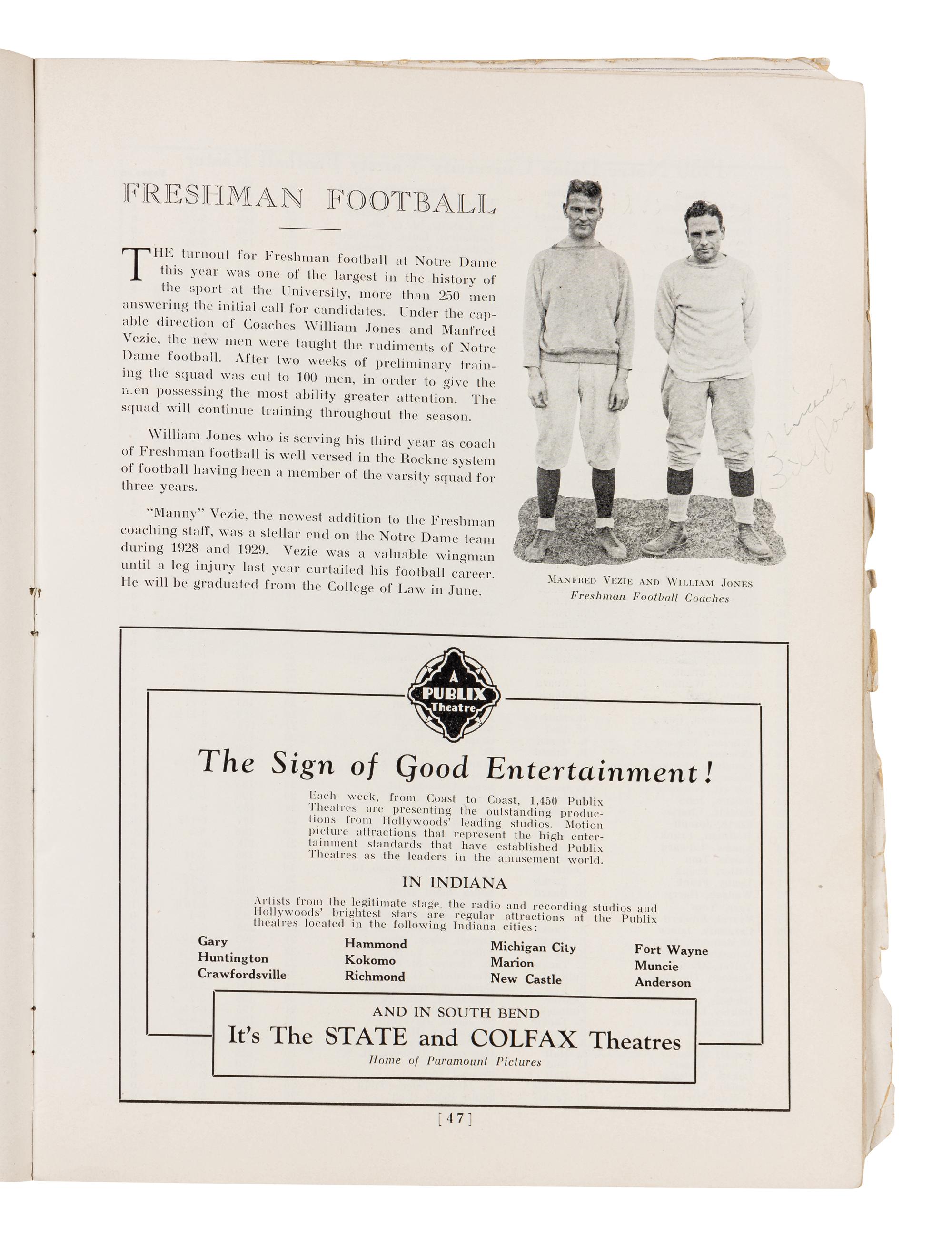 An Original 1930 Opening of Notre Dame Stadium Multi Signed Autograph Football Program Including Knute Rockne (Beckett Authentication Services BAS Letter),