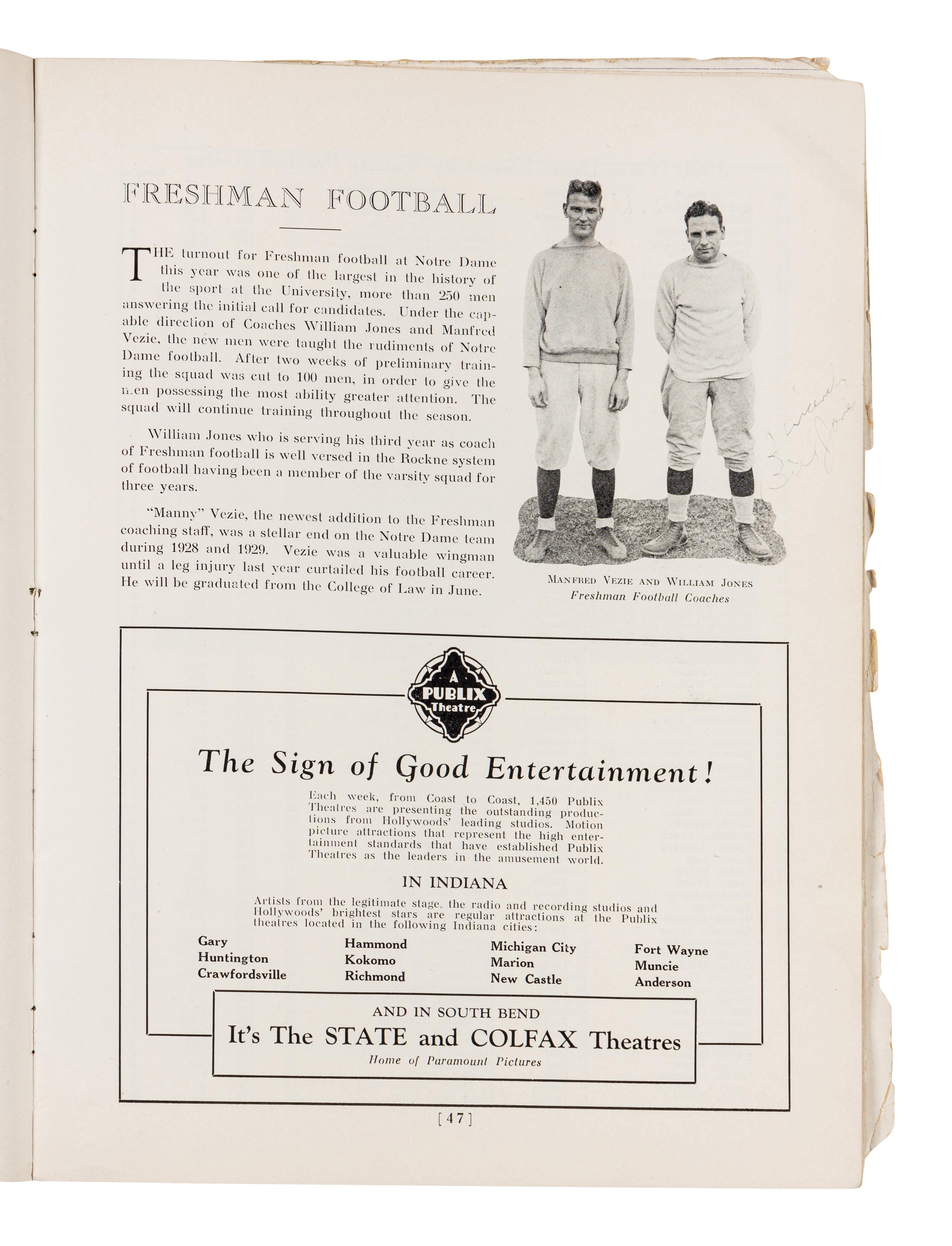 An Original 1930 Opening of Notre Dame Stadium Multi Signed Autograph Football Program Including Knute Rockne (Beckett Authentication Services BAS Letter),