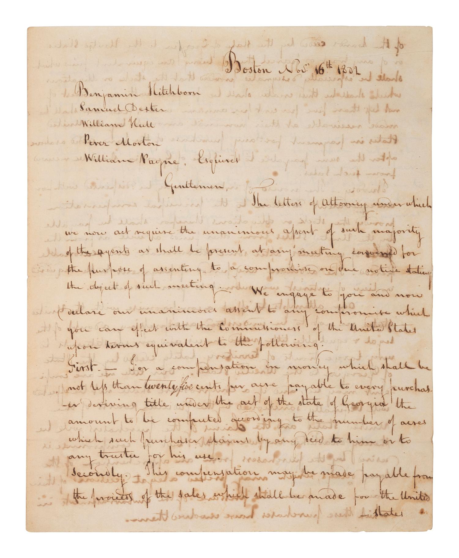 [NEW ENGLAND MISSISSIPPI LAND COMPANY]. 1802 power of attorney signed by directors of the New England Mississippi Land Company to appoint 5 directors to negotiate their claim with the US commissioners with respect to Georgia lands ceded to the US.