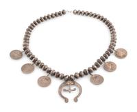 Navajo Silver, Turquoise, and Coin Squash Blossom Necklace
