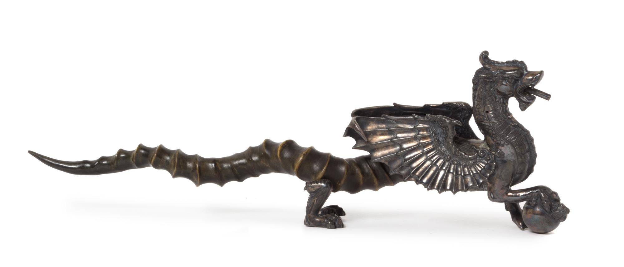 An English Silver-Plate Figural Table Lighter, Walker & Hall, Sheffield, Late 19th/Early 20th Century, in the form of The Dragon of Wan