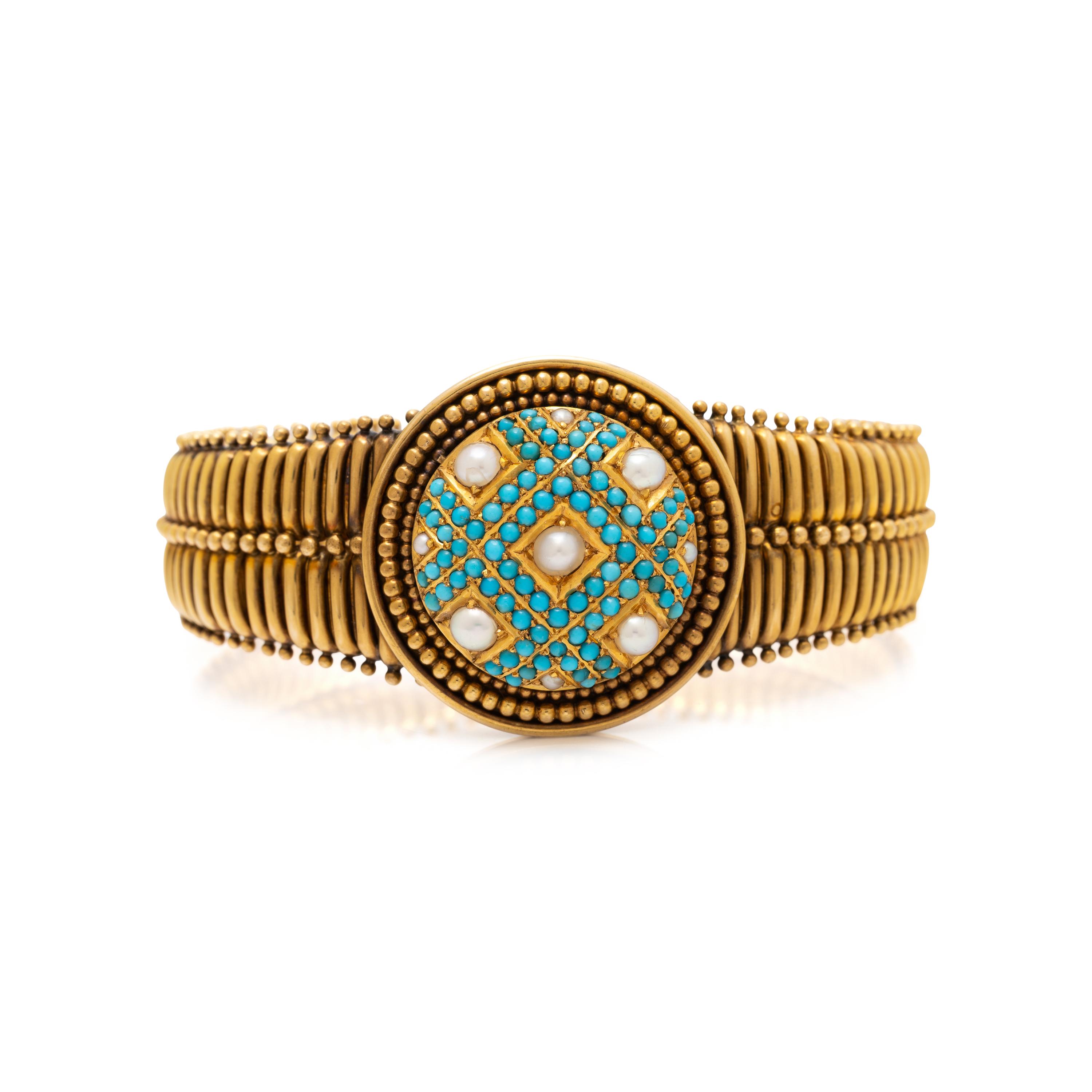 ANTIQUE, TURQUOISE, CULTURED PEARL, AND YELLOW GOLD BRACELET