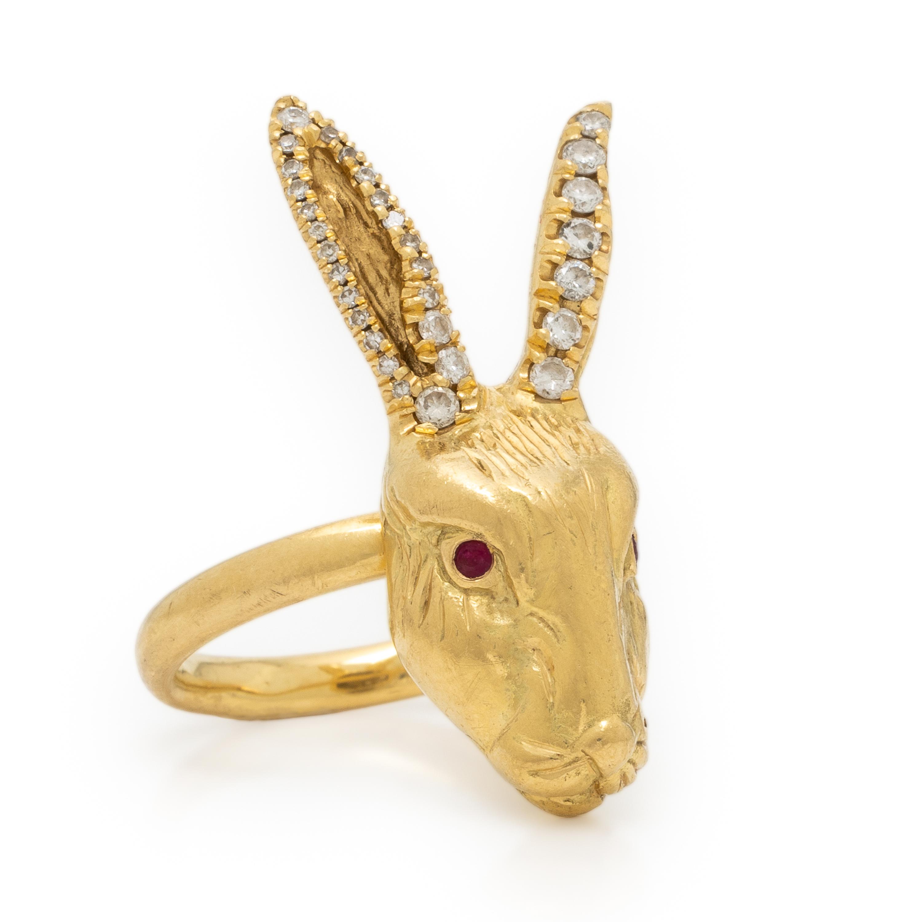House of Ravn, 'Wonderland', Yellow Gold, Diamond, and Ruby Rabbit Ring