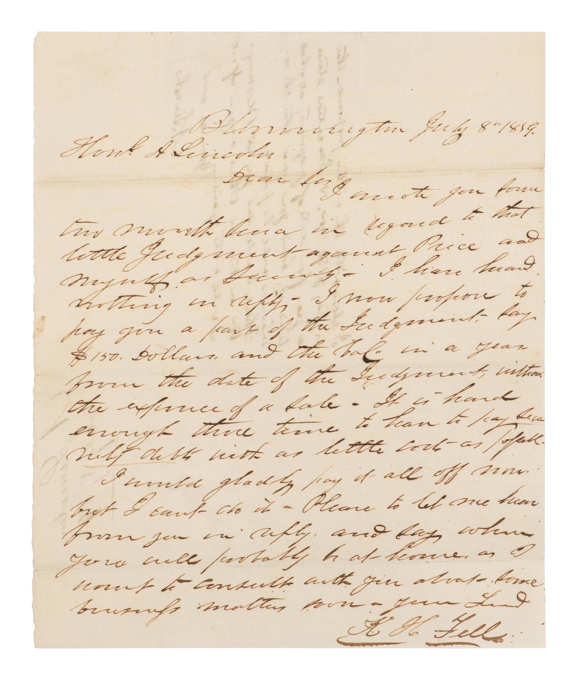[LINCOLN, Abraham (1809-1865)]. Autograph endorsement, 8 lines, signed ("A. Lincoln") on the verso of a letter from Kersey H. Fell, Bloomington, Ill., 8 July 1859.