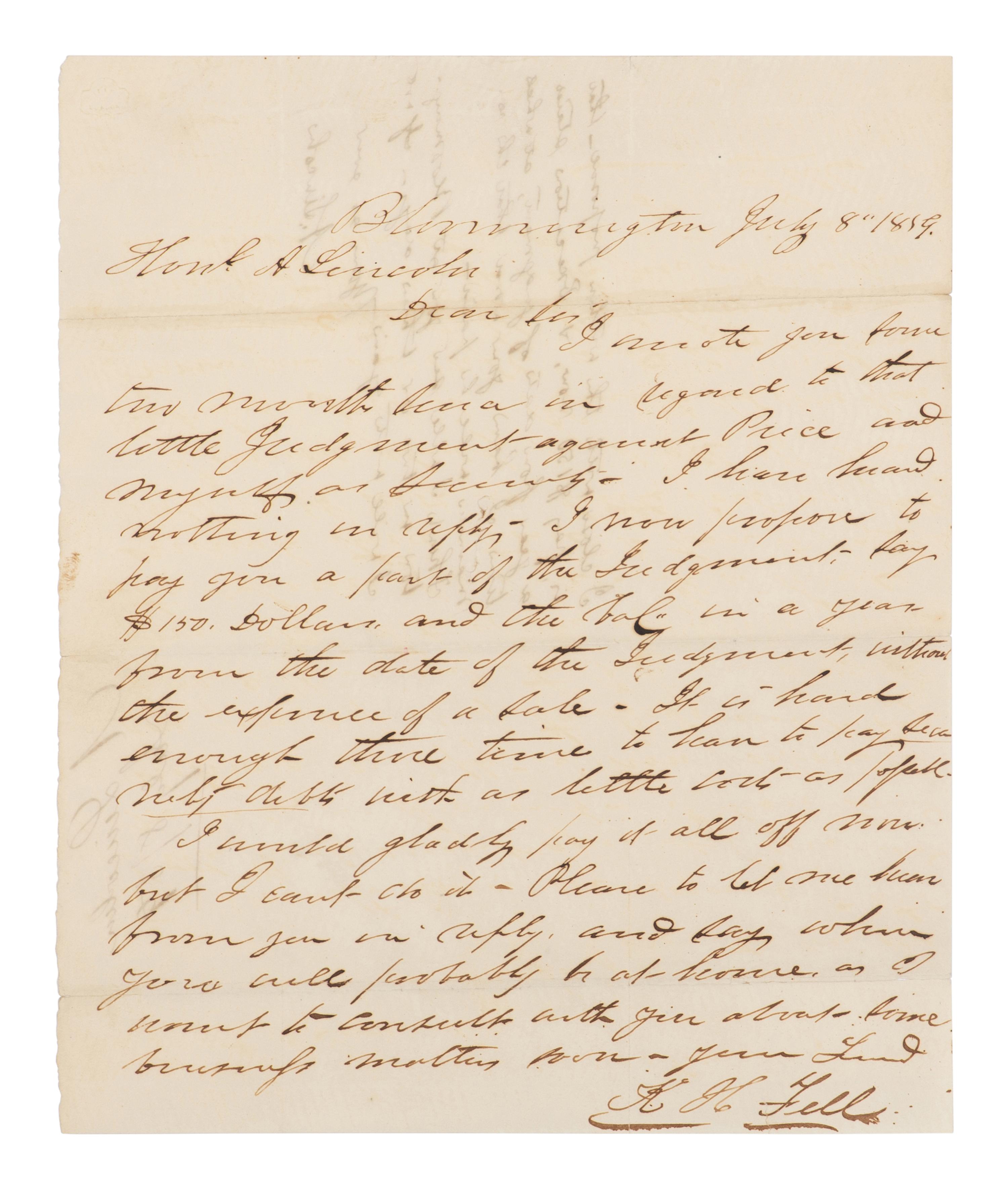 [LINCOLN, Abraham (1809-1865)]. Autograph endorsement, 8 lines, signed ("A. Lincoln") on the verso of a letter from Kersey H. Fell, Bloomington, Ill., 8 July 1859.