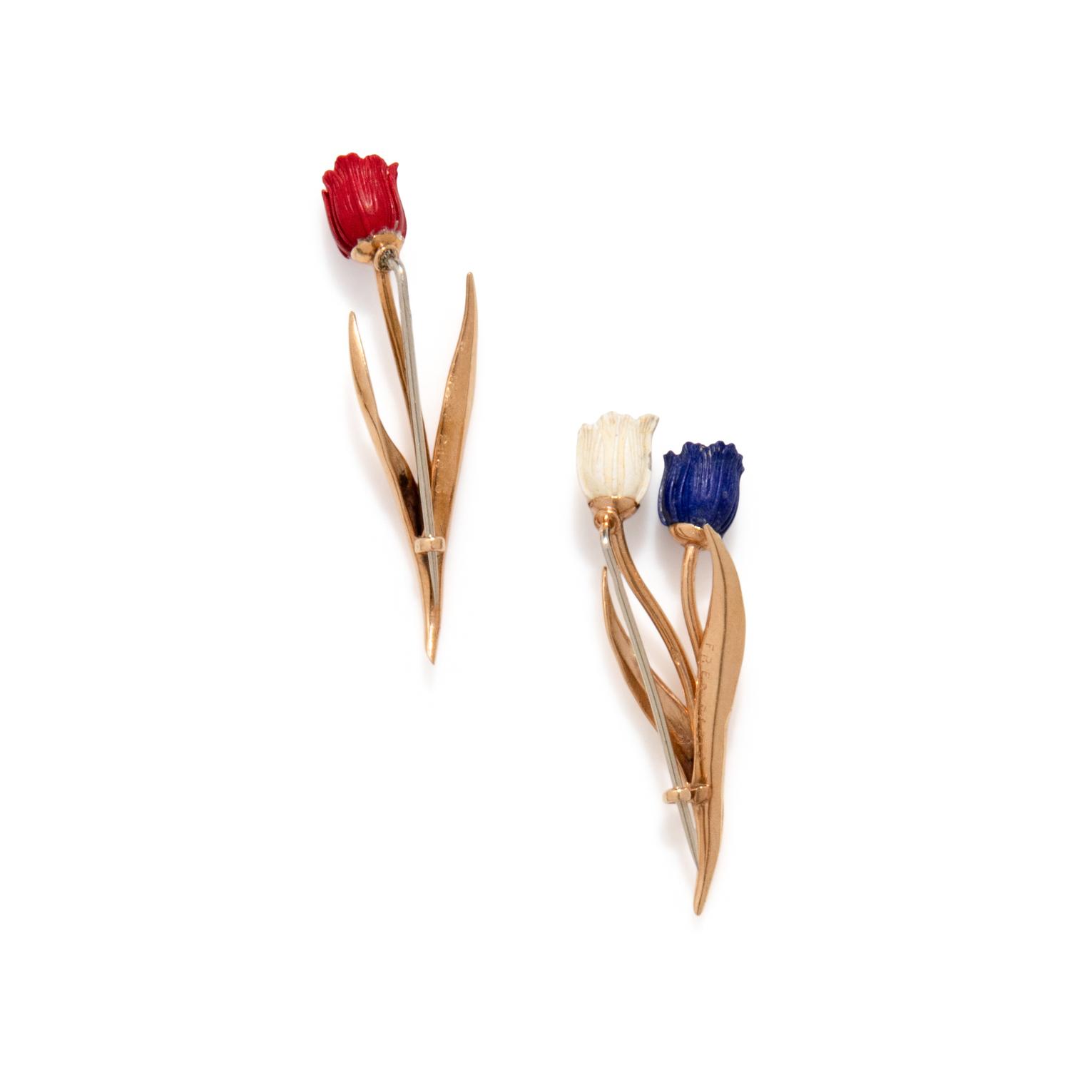 FRED PARIS, PAIR OF BLUE AND WHITE HARDSTONE, RED CORAL, AND YELLOW GOLD TULIP BROOCHES