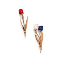 FRED PARIS, PAIR OF BLUE AND WHITE HARDSTONE, RED CORAL, AND YELLOW GOLD TULIP BROOCHES