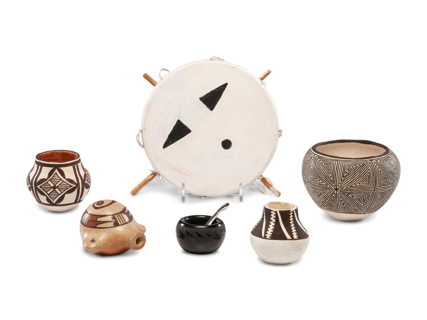 Collection of Pueblo Pottery and Dance Bustle Remnant