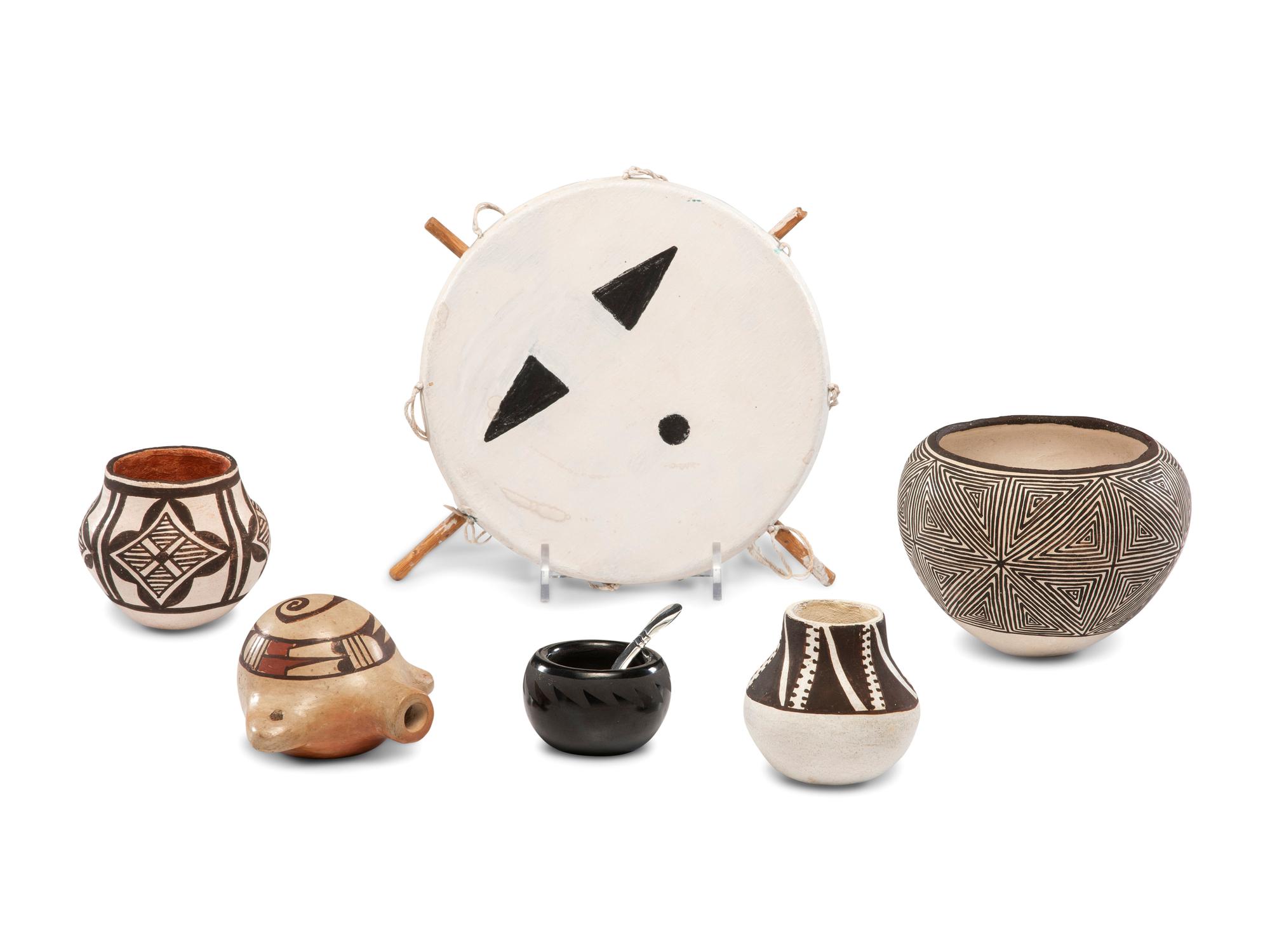 Collection of Pueblo Pottery and Dance Bustle Remnant
