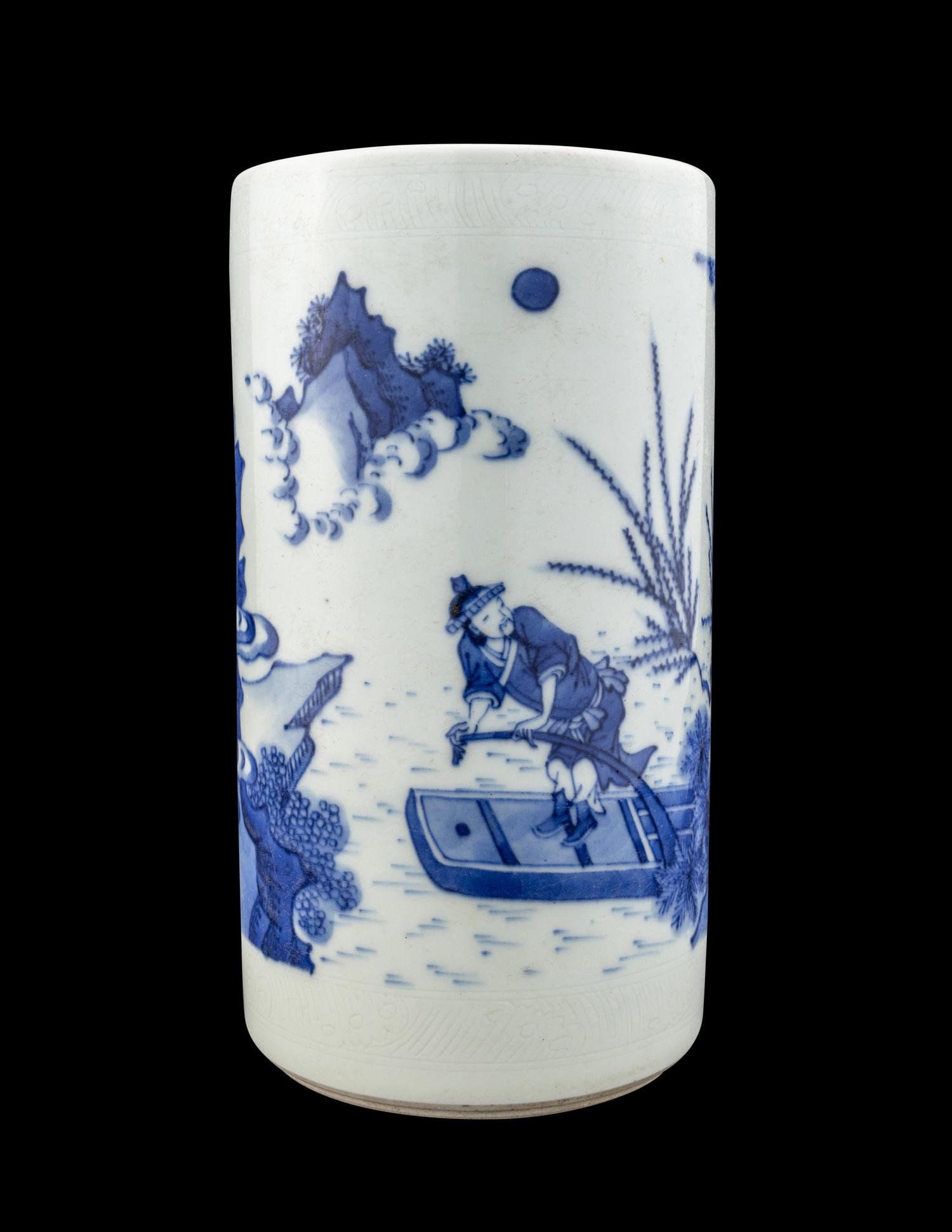 A Chinese Blue and White Porcelain Brushpot, Bitong