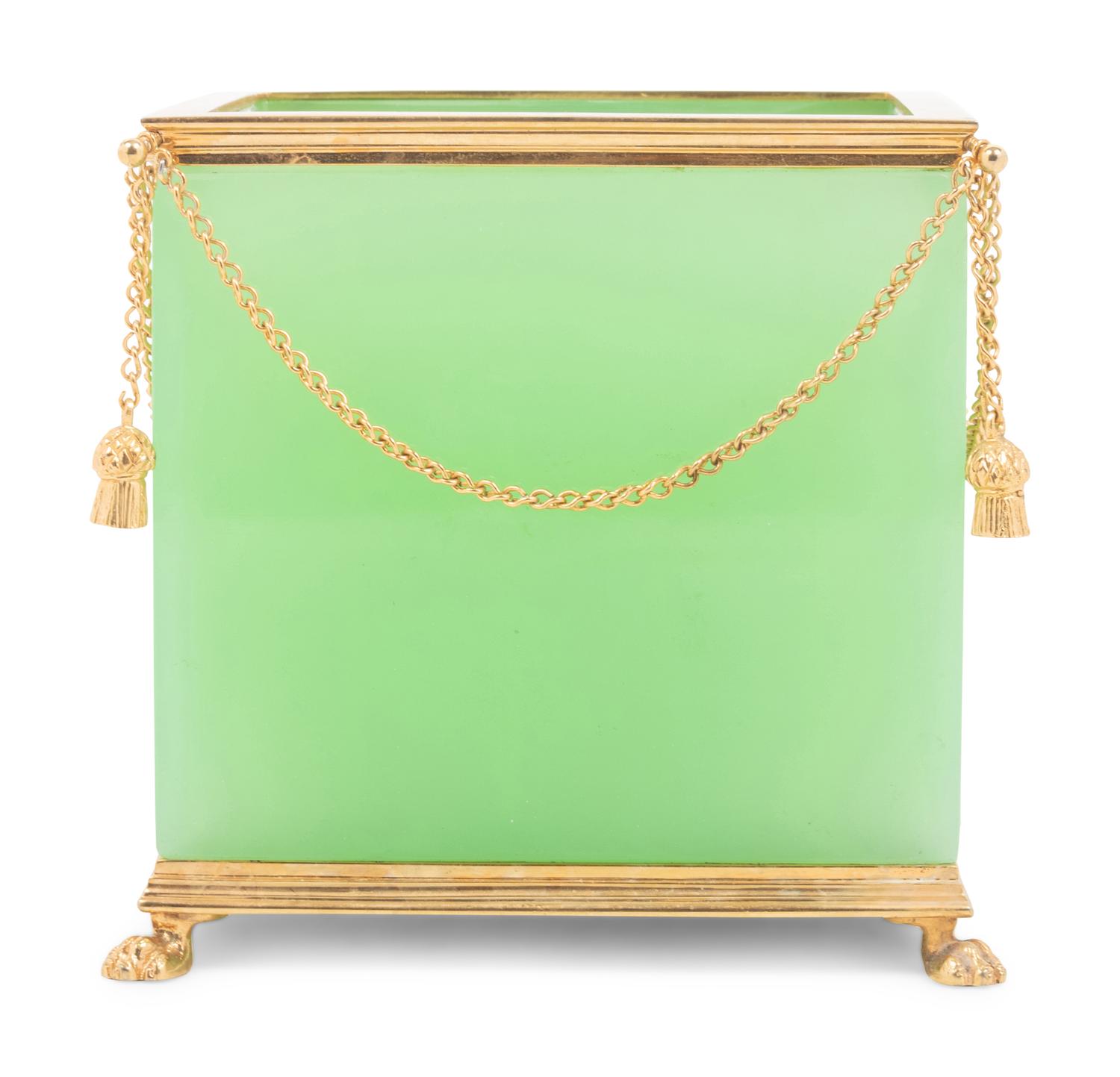 A French Gilt Metal and Green Opaline Glass Cache Pot