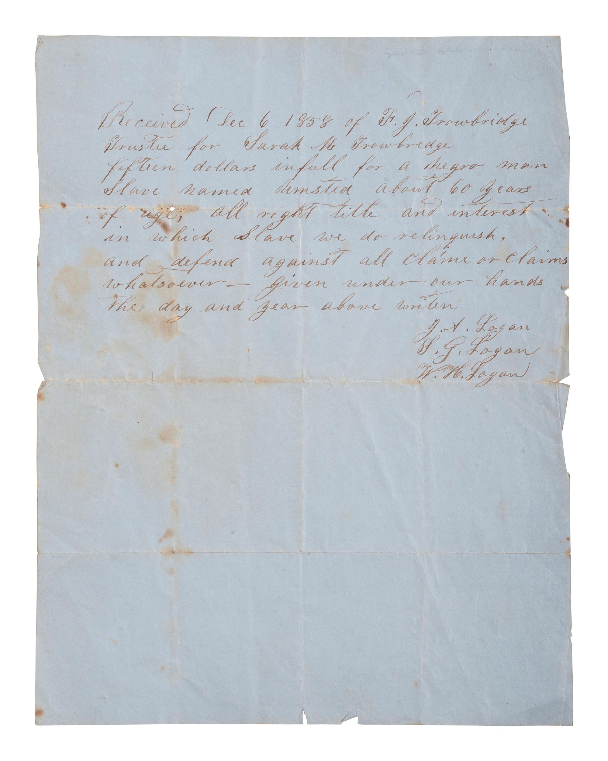 [ENSLAVEMENT & ABOLITION]. A group of 6 estate documents listing individual enslaved persons, most by name. Ca 1830-1858.