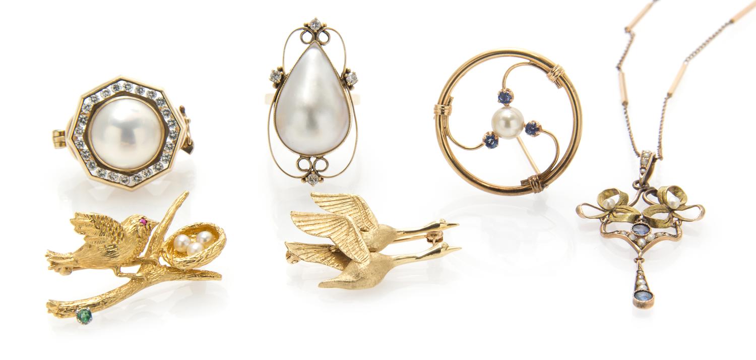 A Collection of Yellow Gold, Cultured Pearl, Mabe Pearl and Gemstone Jewelry, 24.85 dwts.