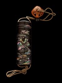 A Japanese Shell Inlaid Black Lacquer Four-Case Inro