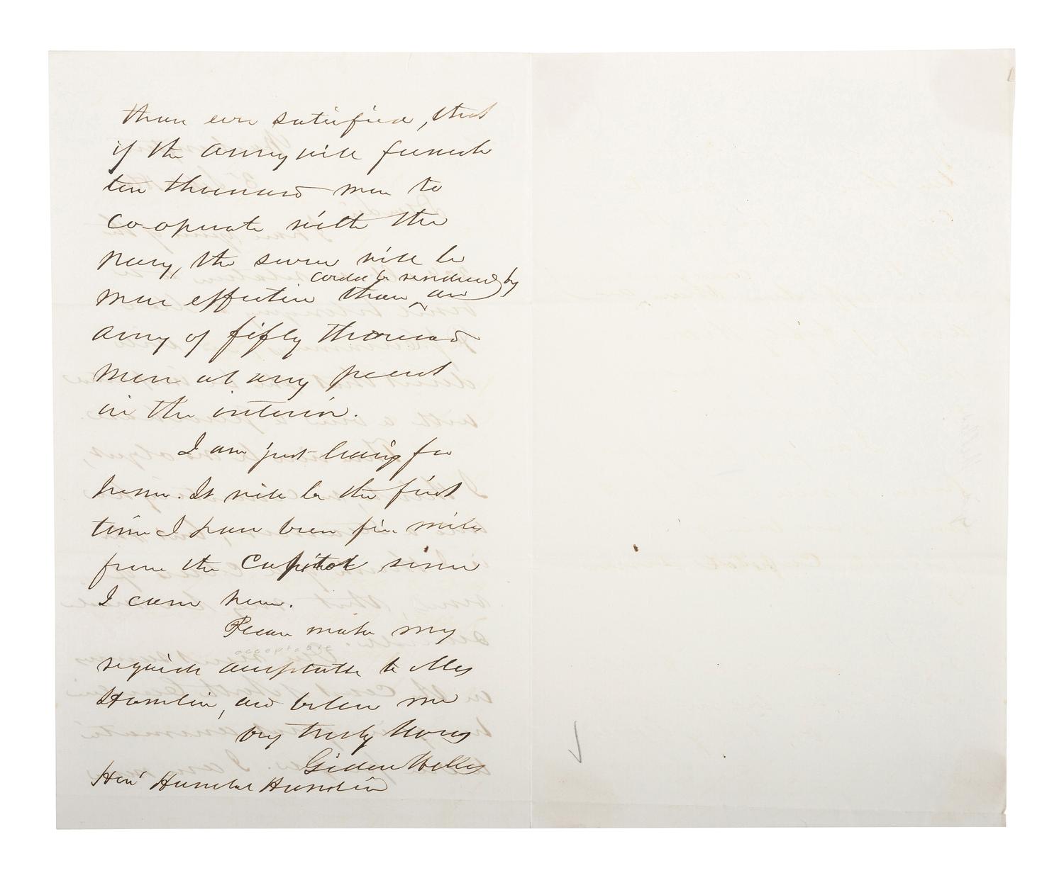 [CIVIL WAR - NAVY]. WELLES, Gideon (1802-1878). Autograph letter signed ("Gideon Welles") to Hannibal Hamlin. Washington. 3 September 1861.