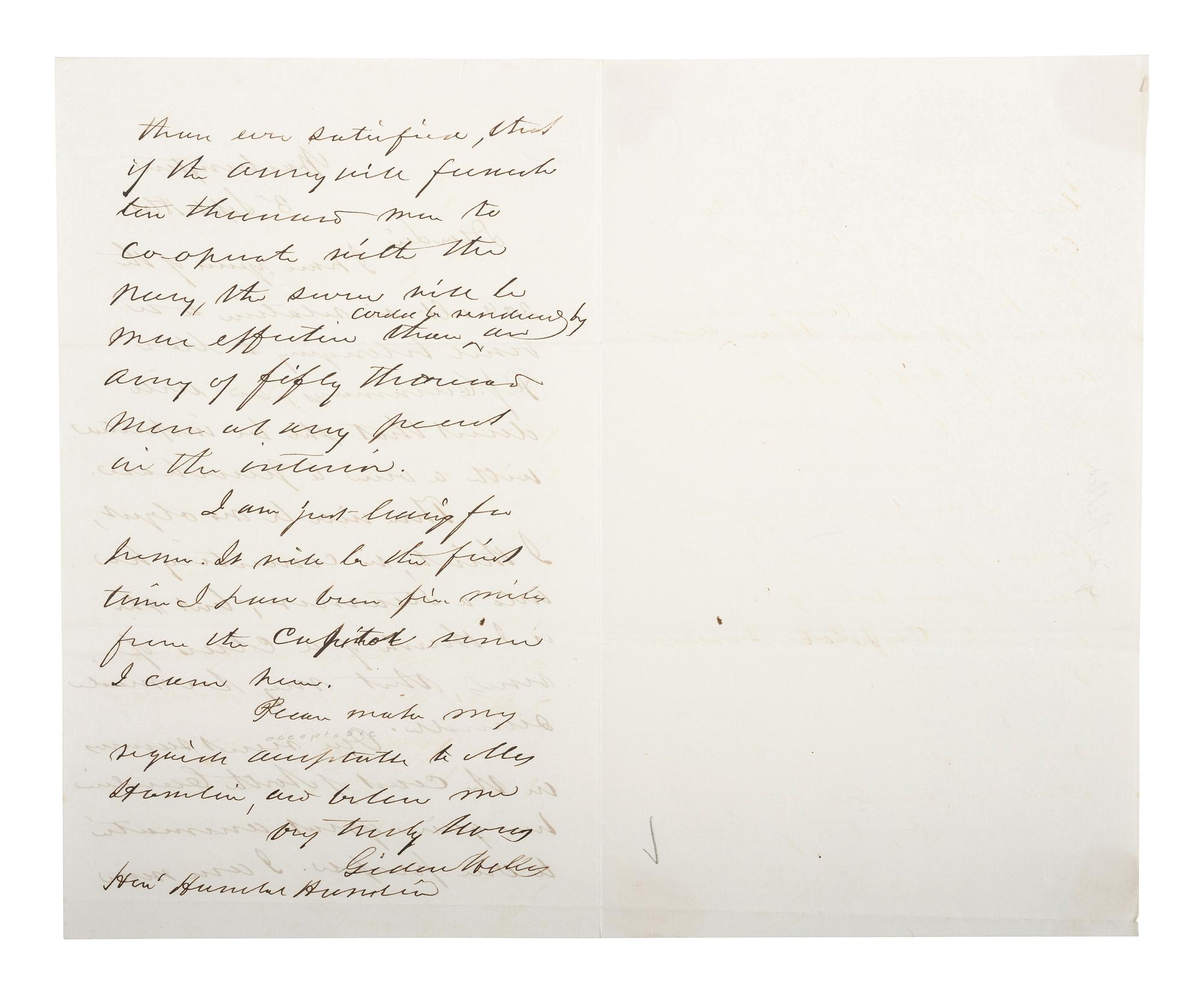 [CIVIL WAR - NAVY]. WELLES, Gideon (1802-1878). Autograph letter signed ("Gideon Welles") to Hannibal Hamlin. Washington. 3 September 1861.