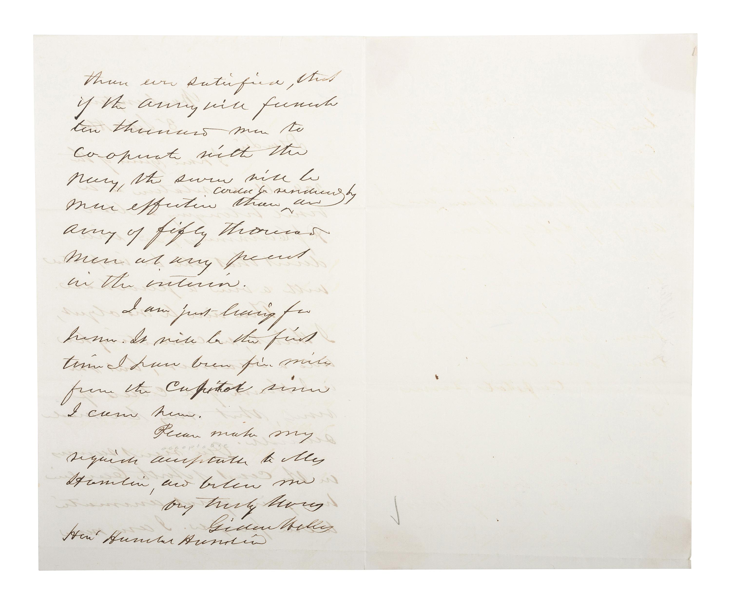 [CIVIL WAR - NAVY]. WELLES, Gideon (1802-1878). Autograph letter signed ("Gideon Welles") to Hannibal Hamlin. Washington. 3 September 1861.
