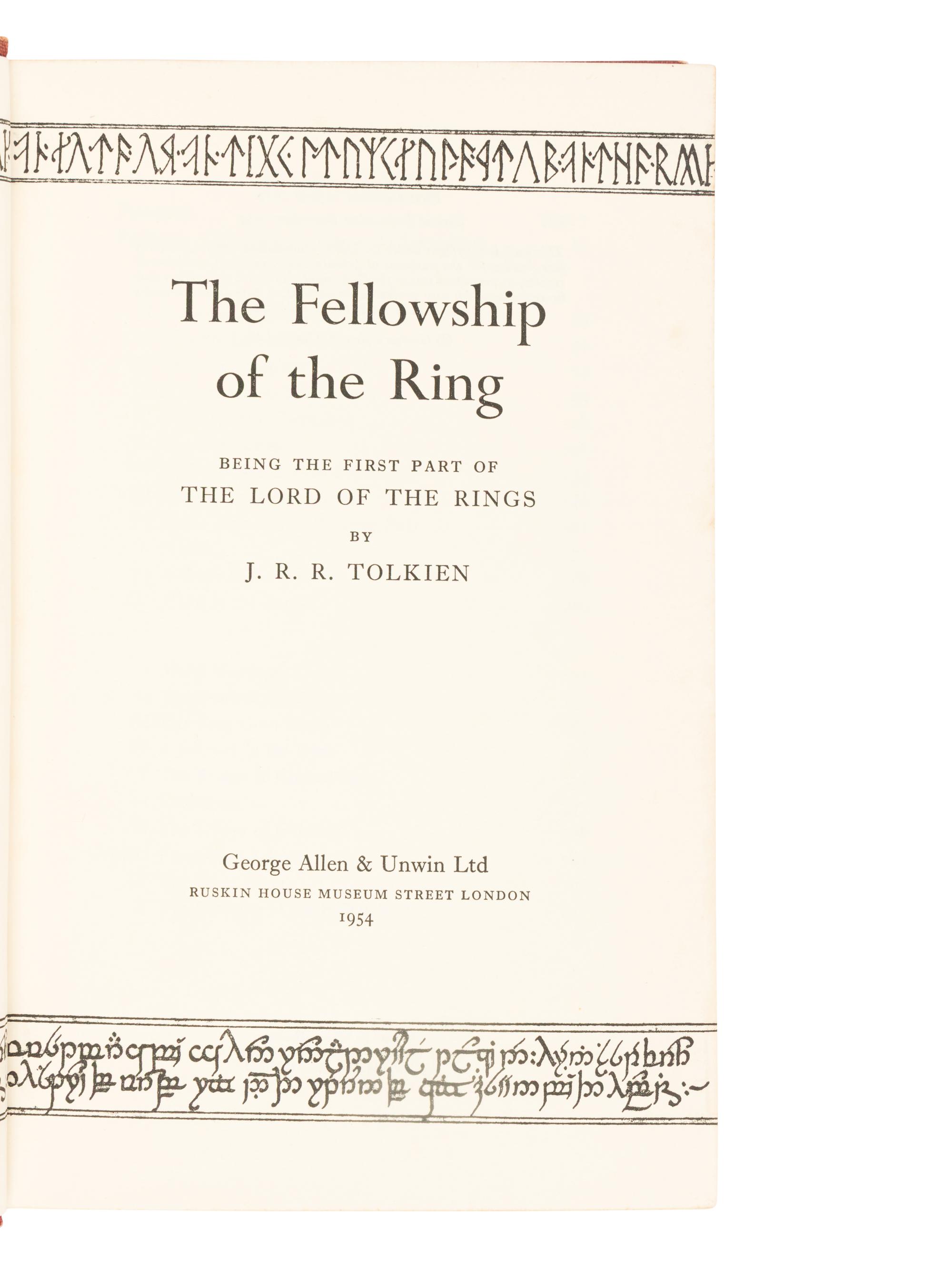 TOLKIEN, J.R.R. (1892-1973). [The Lord of the Rings trilogy:] The Fellowship of the Ring . 1954. -- The Two Towers . 1954. -- The Return of the King . 1955. All London: Allen & Unwin Ltd.