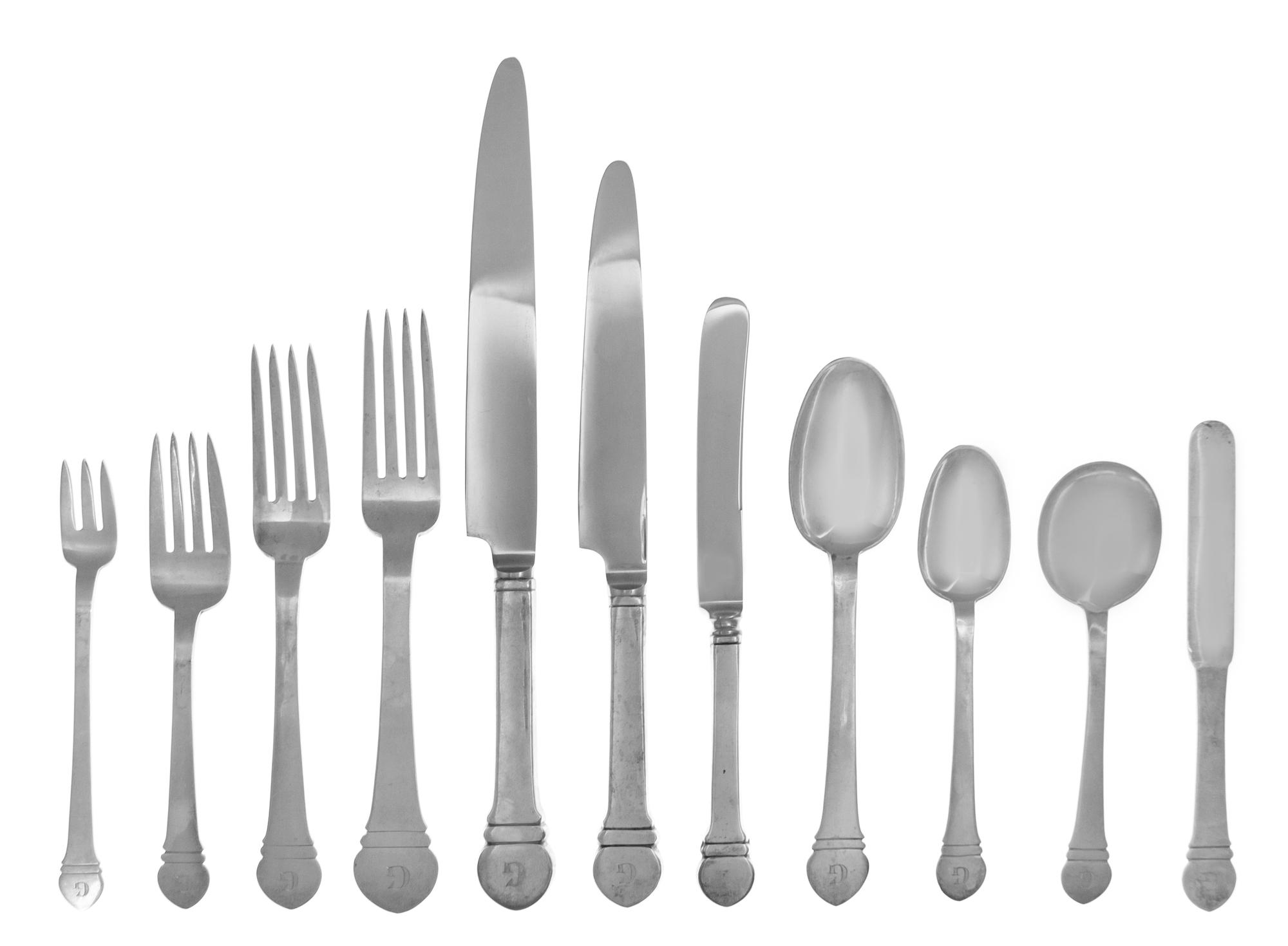 An American Silver Flatware Service, George Gebelein, Boston, MA, 1940, comprising: 8 dinner knives 8 dinner forks 8 luncheon knives 8