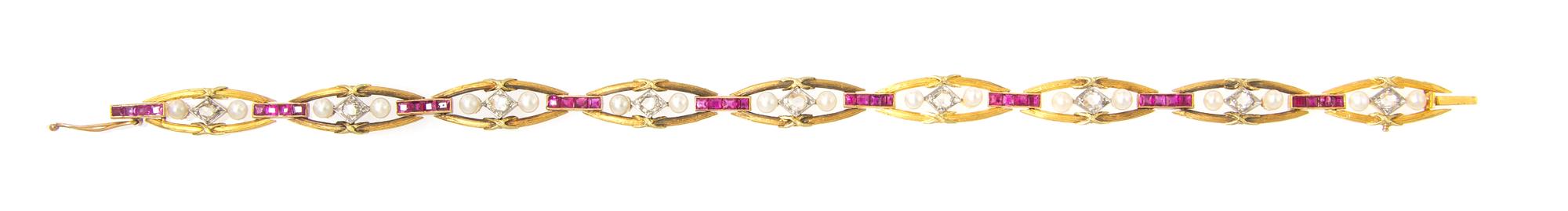 A Victorian Yellow Gold, Silver, Ruby, Diamond, and Pearl Bracelet, 8.10 dwts.