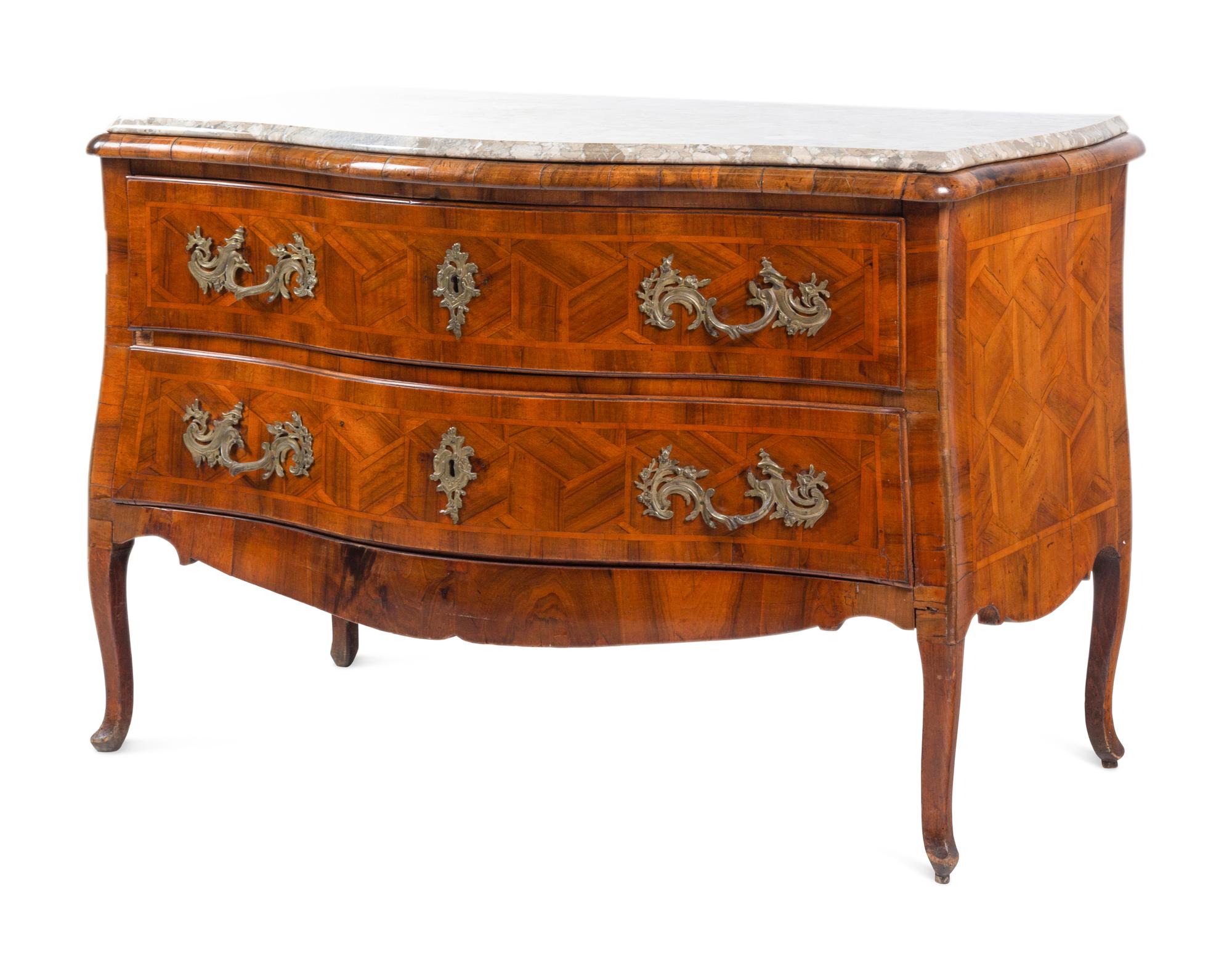 A Louis XV Style Gilt Bronze Mounted Parquetry Marble-Top Commode