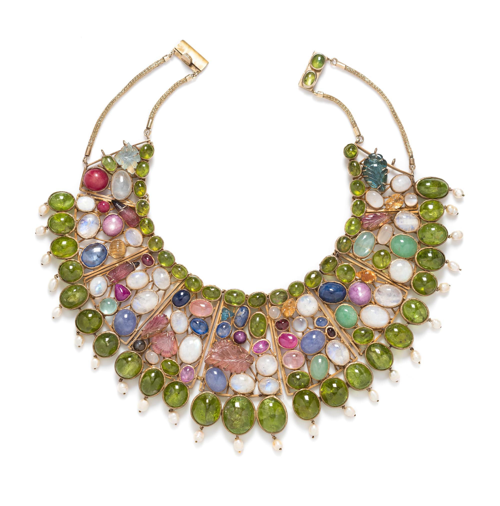 A Gilt Silver and Multigem Bib Necklace,
