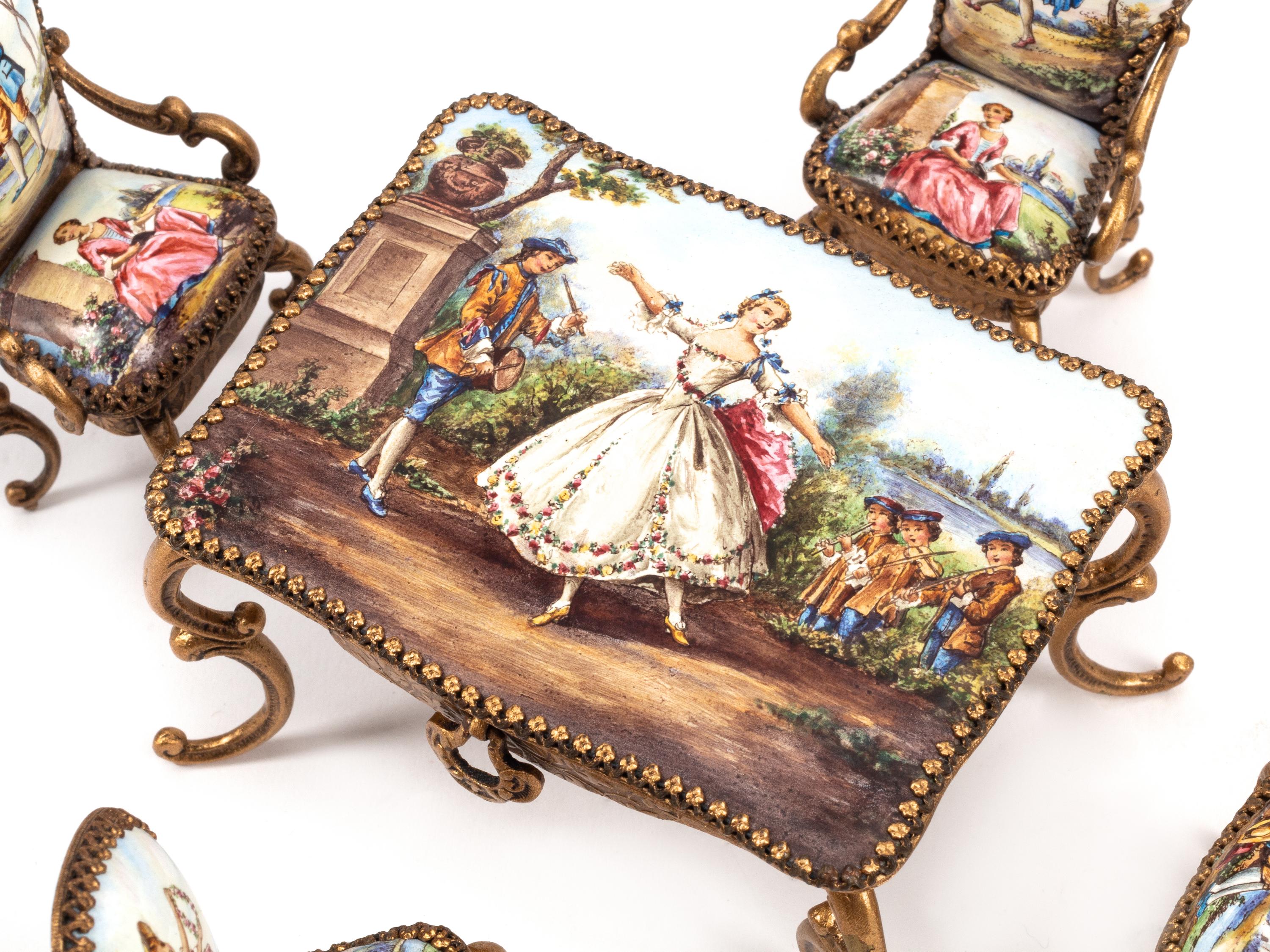 An Austrian Seven-Piece Suite of Enameled and Gilt Metal Miniature Furniture