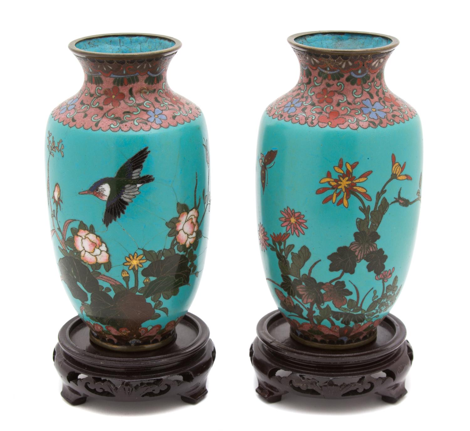 A Pair of Asian Cloisonne Vases Height 8 inches. — 19TH CENTURY
