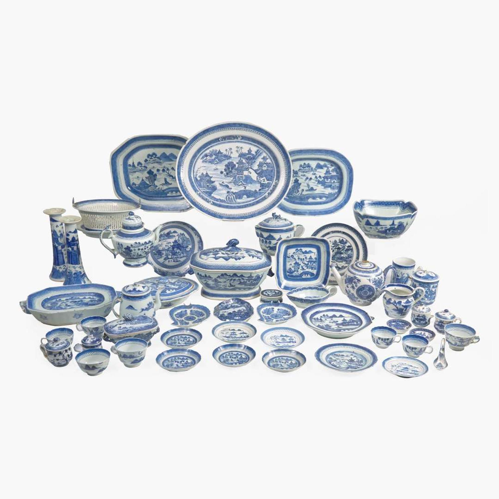 A large collection of forty-nine Chinese Export porcelain Canton and Blue Fitzhugh tablewares late 18th / early 19th century