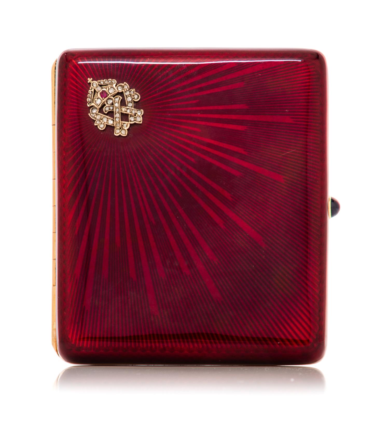 A Gold and Guilloche Enamel Cigarette Case, Probably Russian, the case with allover red enamel against an engine turned and radially en
