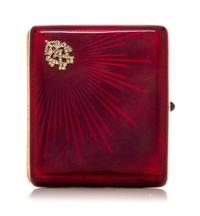 A Gold and Guilloche Enamel Cigarette Case, Probably Russian, the case with allover red enamel against an engine turned and radially en