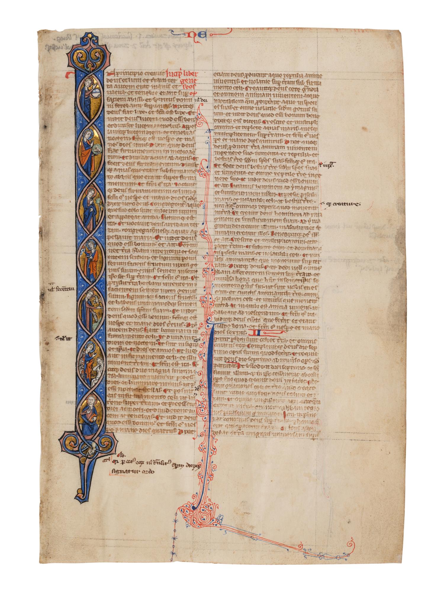VIE DE SAINT DENIS ATELIER (active Paris, c. 1240-1260) Four leaves from a Bible, including one spectacular historiated initial ‘I’ of the Six Days of Creation and Christ Blessing, one historiated initial ‘D’ of David in Prayer, and one historiated initial D of Solomon with a rod, in Latin, illuminated manuscript on parchment [France, Paris, c. 1240-1260]