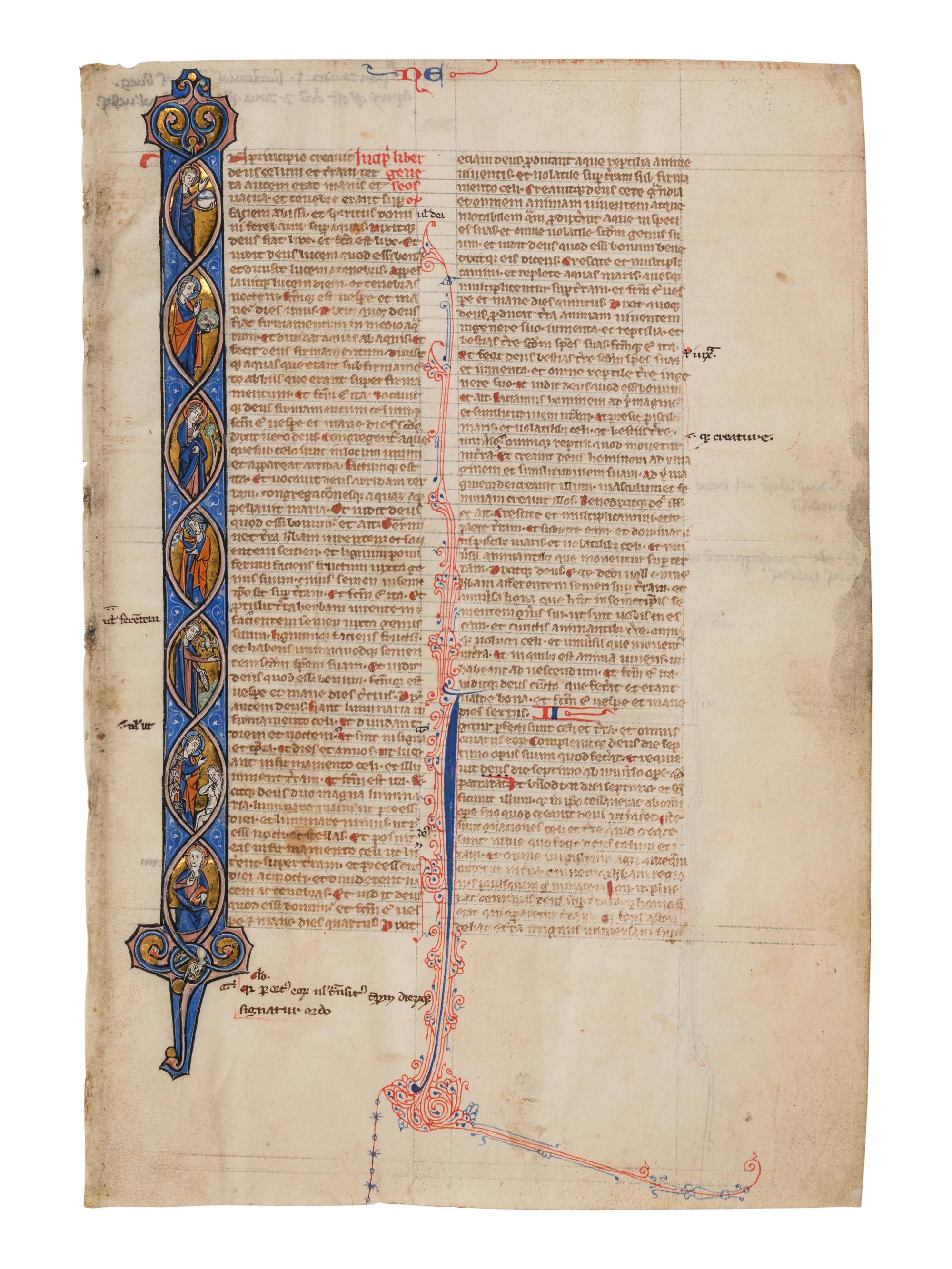 VIE DE SAINT DENIS ATELIER (active Paris, c. 1240-1260) Four leaves from a Bible, including one spectacular historiated initial ‘I’ of the Six Days of Creation and Christ Blessing, one historiated initial ‘D’ of David in Prayer, and one historiated initial D of Solomon with a rod, in Latin, illuminated manuscript on parchment [France, Paris, c. 1240-1260]