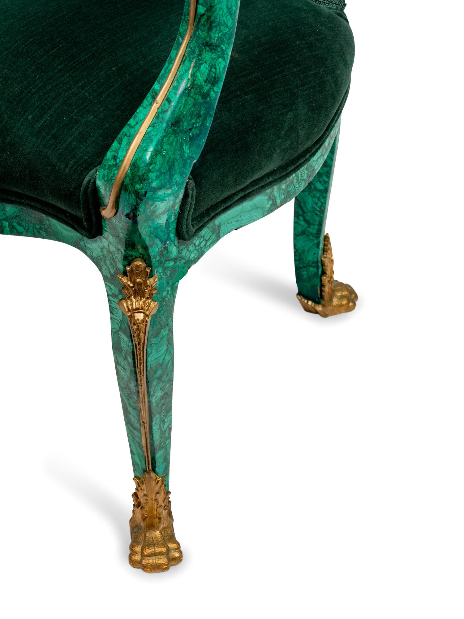 A Louis XV Style Gilt-Bronze-Mounted Malachite-Veneered Fauteuil en Cabriolet