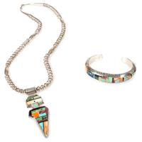 Matching Sterling Silver and Mosaic Inlay Cuff Bracelet and Figural Necklace