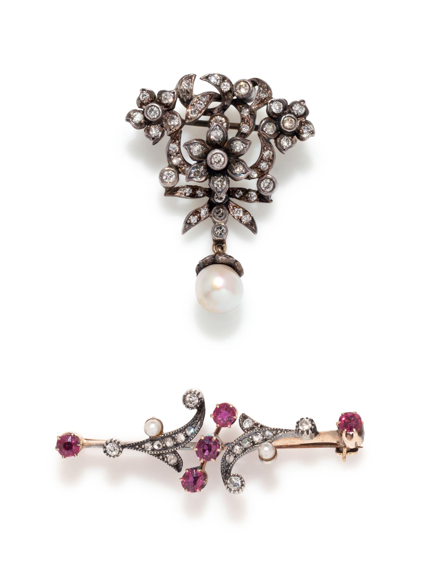 COLLECTION OF DIAMOND, PEARL AND RUBY BROOCHES