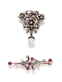 COLLECTION OF DIAMOND, PEARL AND RUBY BROOCHES