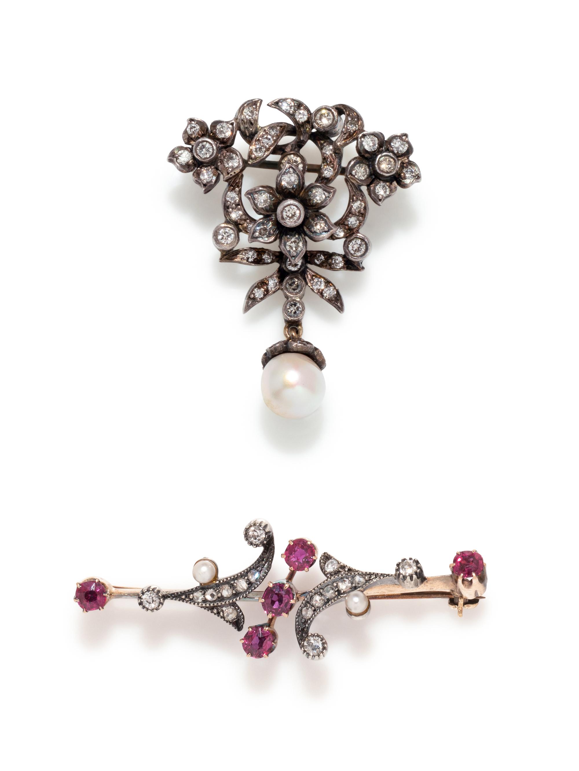 COLLECTION OF DIAMOND, PEARL AND RUBY BROOCHES