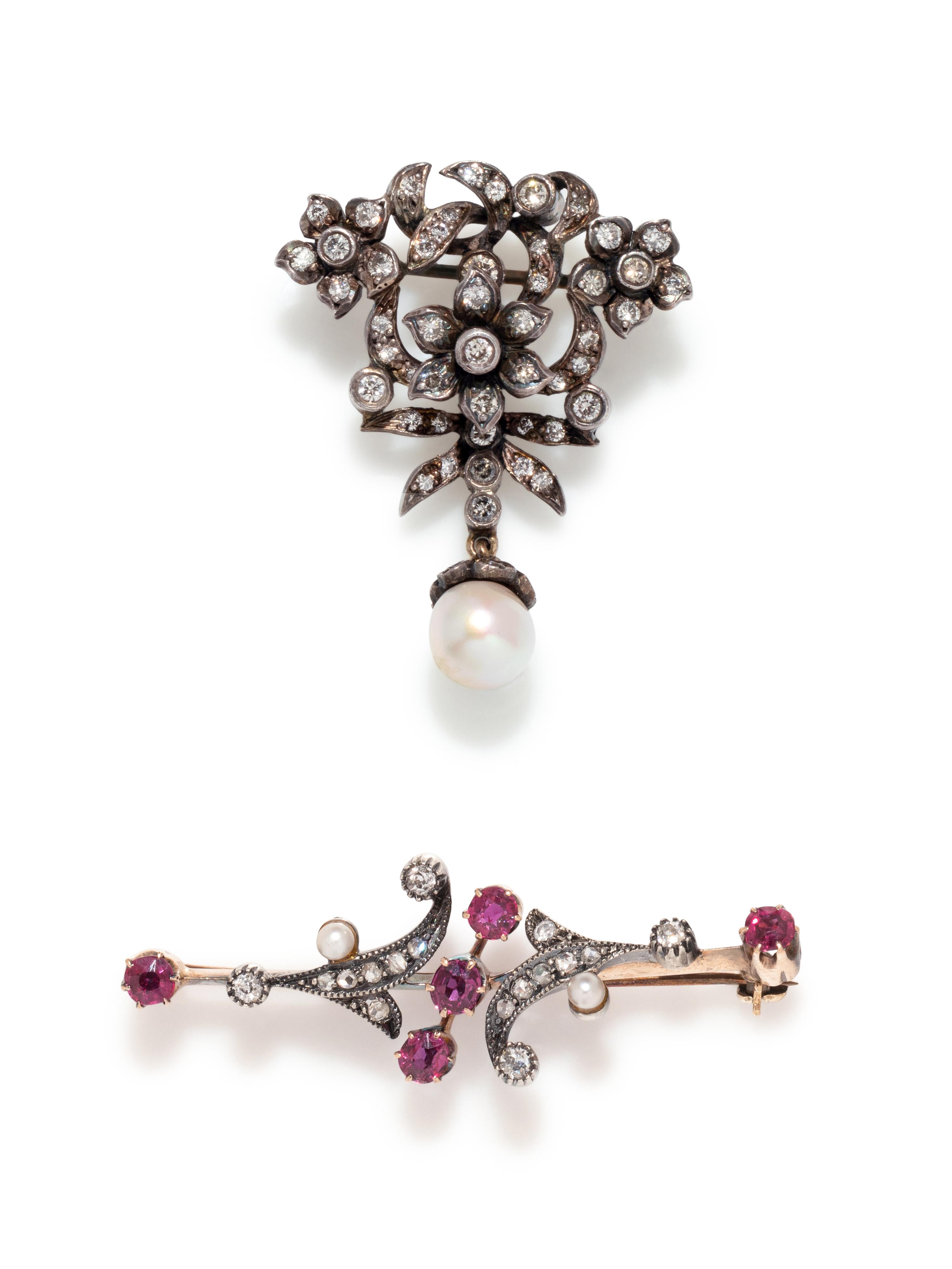 COLLECTION OF DIAMOND, PEARL AND RUBY BROOCHES