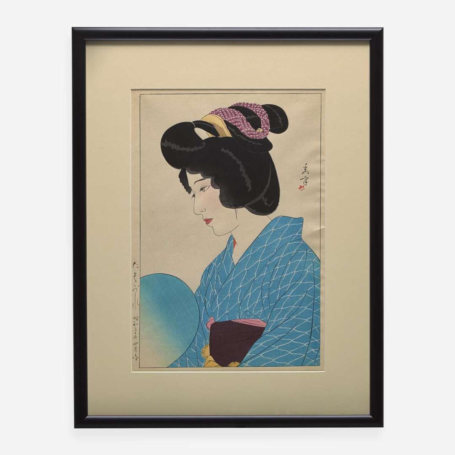 Five Japanese Bijin-ga woodblocks printed in colors 日本浮世绘五幅